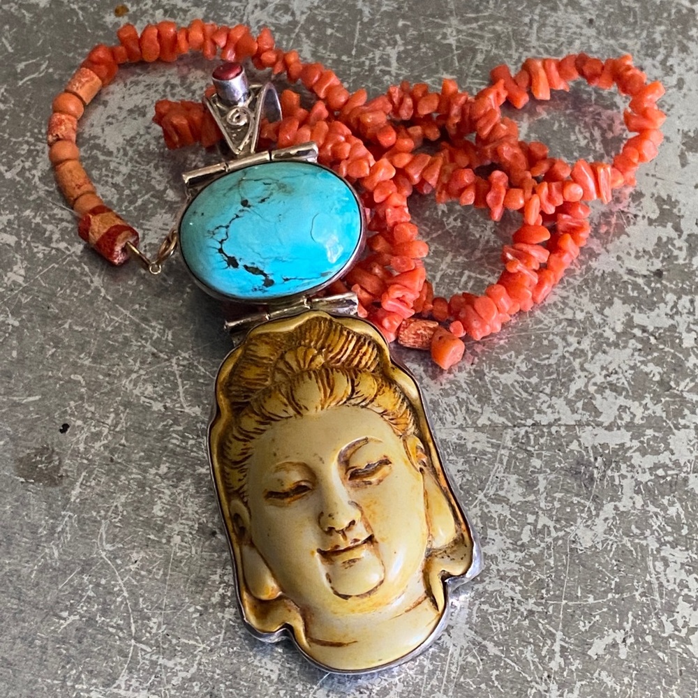 Coral necklace with turquoise pendant